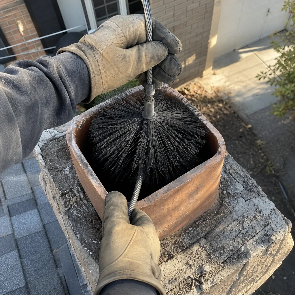 Professional chimney sweep using a wire brush to clean a chimney