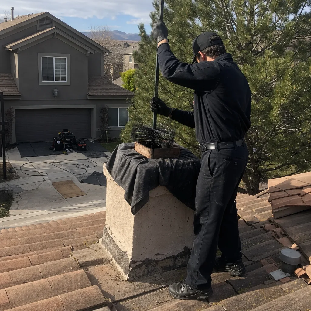 Professional chimney sweep cleaning a chimney flue on a rooftop.