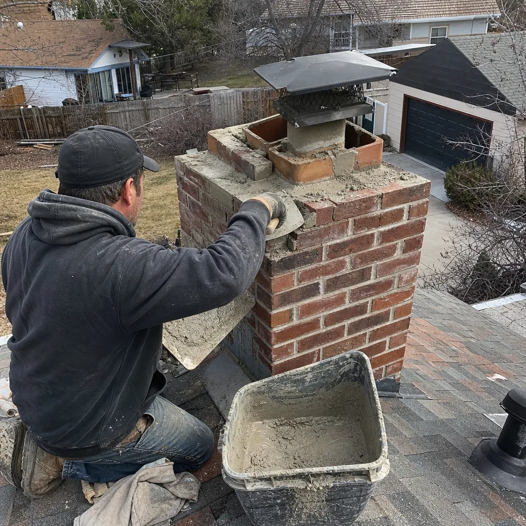 Professional mason performing brick chimney repair and mortar tuckpointing on a rooftop